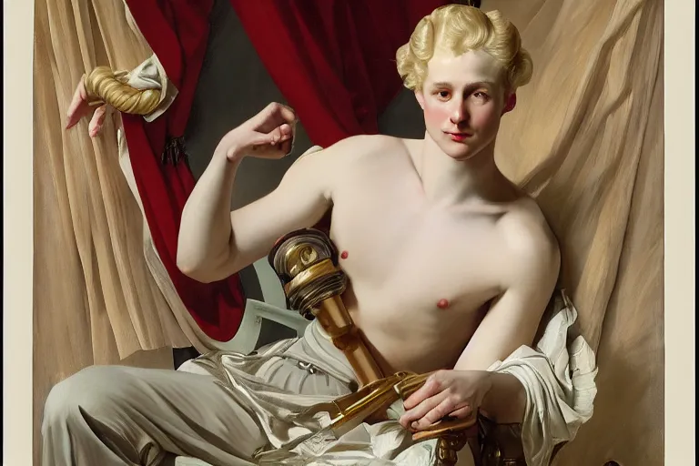 Image similar to Painting of lucius as an indolent consort, long blond drill curls, delicate androgynous prince, pale white porcelain skin, cool tones, by Leyendecker and Norman Rockwell