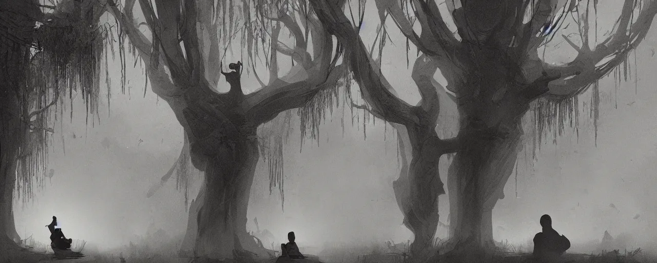 Prompt: duotone noir illustration 3 / 4 portrait of bald merchant demon sitting below willow tree in medieval brown tunic. hundreds of people silhouettes floating in air the foggy background. nightmare atmosphere, by sachin teng and sergey kolesov and ruan jia and heng z. graffiti art, scifi, fantasy, hyper detailed. octane render. concept art. trending on artstation