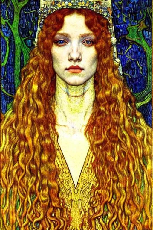 Image similar to detailed realistic beautiful young medieval queen face portrait by jean delville, gustav klimt and vincent van gogh, art nouveau, symbolist, visionary, gothic, pre - raphaelite, muted earthy colors, desaturated