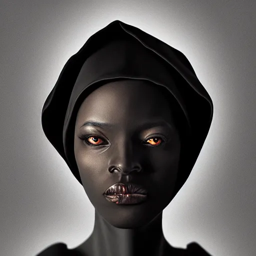 Image similar to a portrait of a young black woman wearing a long dark cloak, hood and shadows covering face, anatomically correct, beautiful perfect face, enigmatic, oil painting, matte painting, black background, Volumetric dynamic lighting, Highly Detailed, Cinematic Lighting, Unreal Engine, 8k, HD, by Beksinski