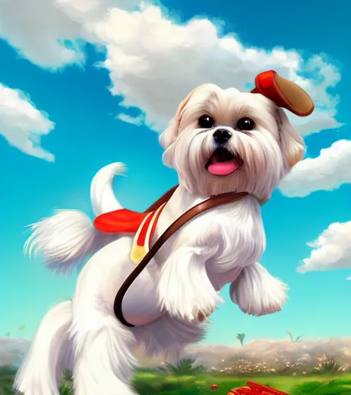 Prompt: small white maltese shihtzu mix dog riding merry - go - round smiling full color digital illustration in the style of don bluth, artgerm, artstation trending, 4 k