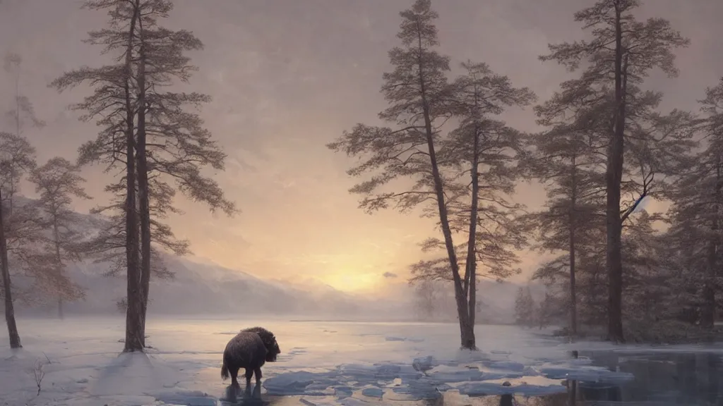 Prompt: the most beautiful panoramic landscape, oil painting, where a giant dreamy lake is frozen, the trees around have snow over their leafs, a majestic bison is exhaling steam and the ray lights of the sunrise are brightening him, by greg rutkowski