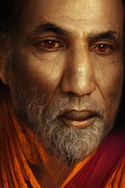 Image similar to hindu priest, close - up portrait, devoted, intricate, elegant, volumetric lighting, scenery, digital painting, highly detailed, artstation, sharp focus, illustration, concept art, ruan jia, steve mccurry