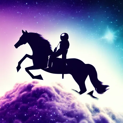 Image similar to a high fidelity photo of a horse rining on astronaut, pale colors, concept art