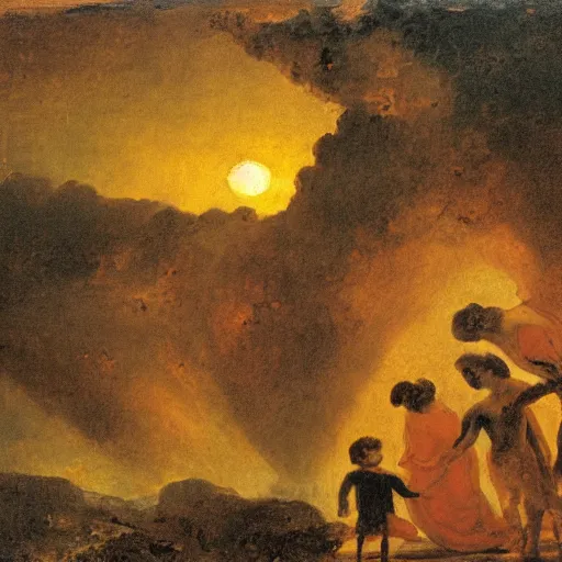 Image similar to panicking family hugging under pompeii lava, sunset, expressionism goya style