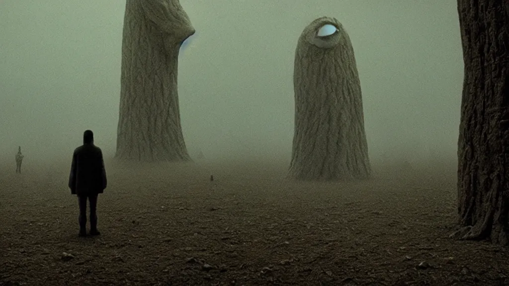 Prompt: a giant creature stalks us at night, film still from the movie directed by Denis Villeneuve with art direction by Zdzisław Beksiński, wide lens