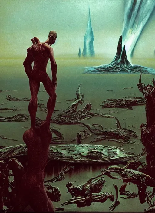 Prompt: hyper realistic high quality scene of the end of the world by francis bacon and zdzisław beksinski and norman rockwell and greg rutkowskiweta studio, tokyo futuristic in background, and lucasfilm, still from the movie armageddon in the style of c. leyendecker, realm of the ovarian machine, horror art, the darkest hour