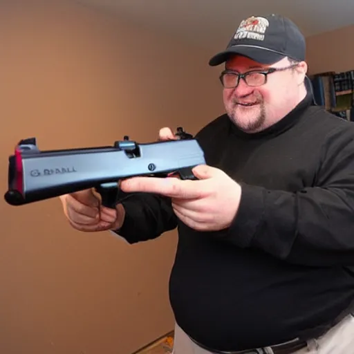 Image similar to Gabe Newell delivering a pistol to an apartment