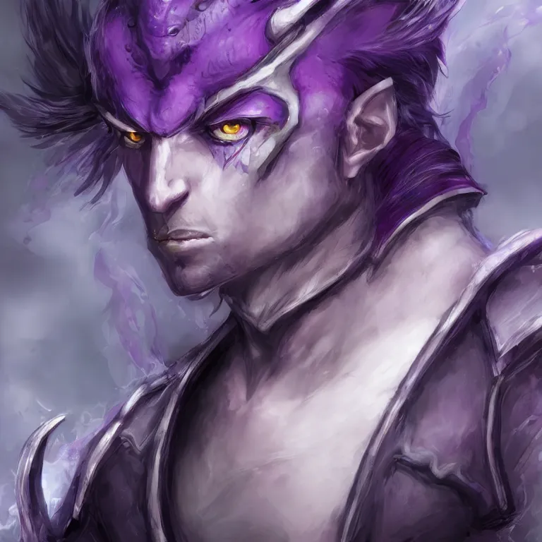 Image similar to Handsome purple and Teal skinned Tiefling, striking azure eyes, black hair, Yoshitaka Amano, digital art