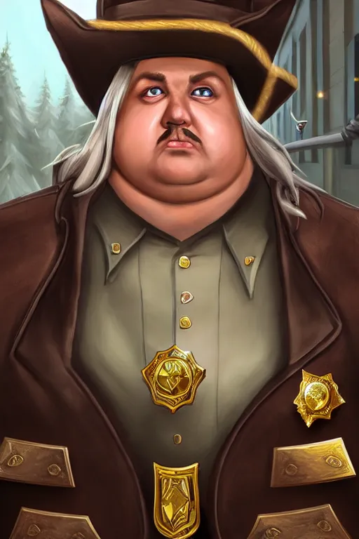 Prompt: fat high elf mall cop with a sheriff's badge, they are shifty and incompetent, Oil Painting, hyperrealistic, Detailed Digital Art, RPG portrait, 3/4 bust, dynamic lighting, Highly Detailed, Cinematic Lighting, 8k, HD