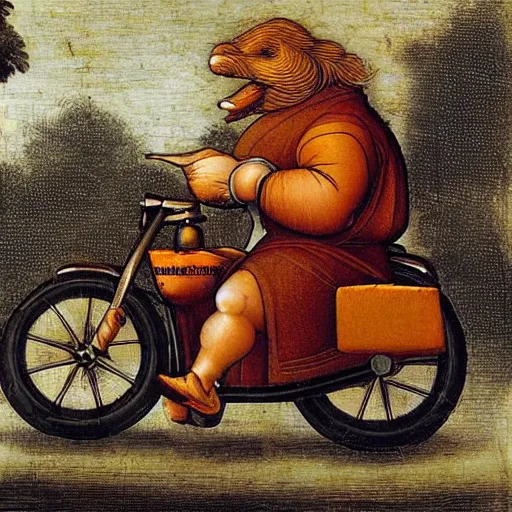 Prompt: bingus riding a motorcycle, in the style of leonardo da vinci
