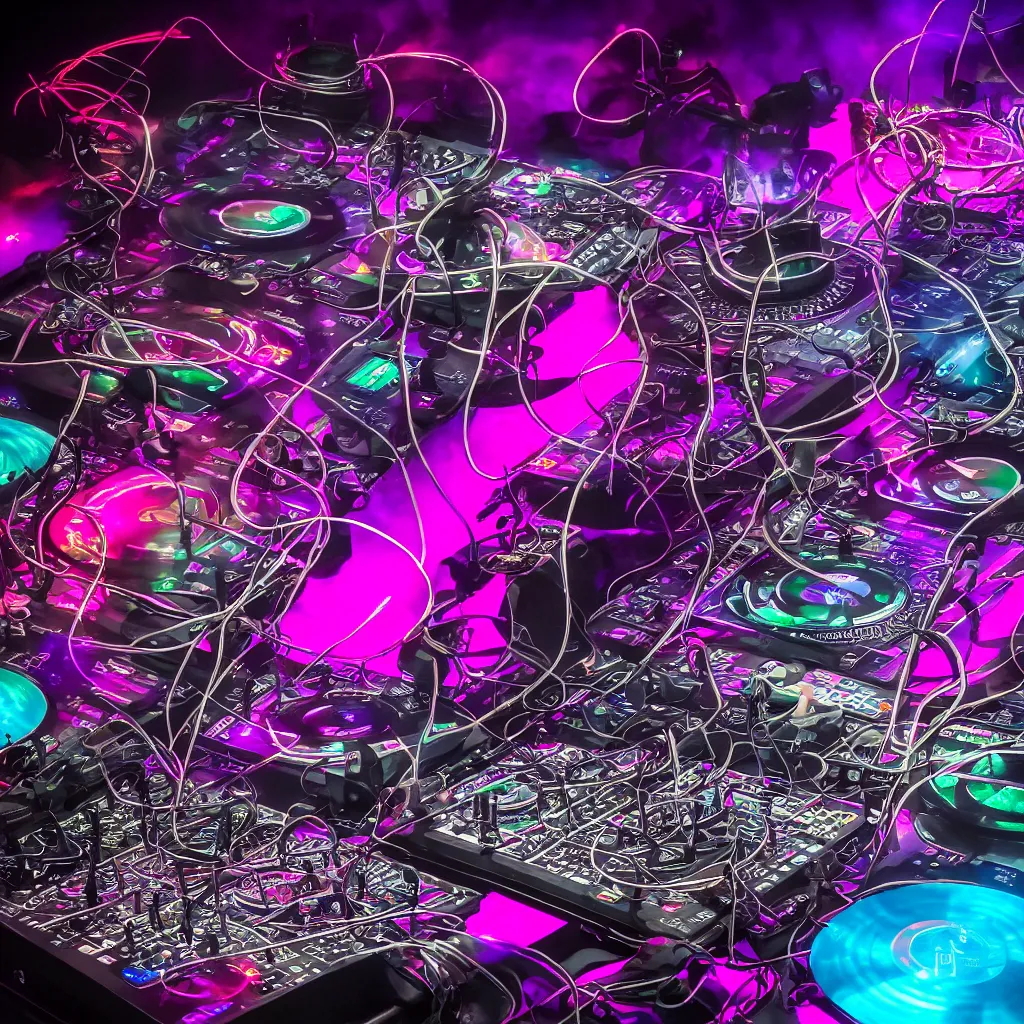 Image similar to award winning photo of an octopus! as a dj with tentacles! simultaneously placed turntables cdjs and knobs of a pioneer dj mixer. sharp, blue and fuschia colorful lighting, in front of a large crowd, studio, medium format, 8 k detail, volumetric lighting, wide angle, at an outdoor psytrance festival main stage at night