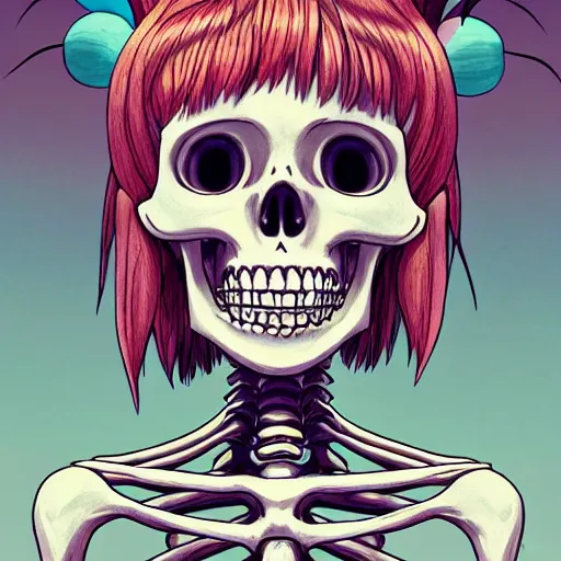 Prompt: manga fine details portrait of joyful skull girl skeleton, bokeh. The Simpsons anime masterpiece by Studio Ghibli. 8k render, sharp high quality anime illustration in style of Ghibli, artstation