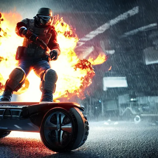 Prompt: Montagne from Rainbow Six Siege standing on a hoverboard with explosions and flames behind him, realistic, HDR, 8k, trending on artstation