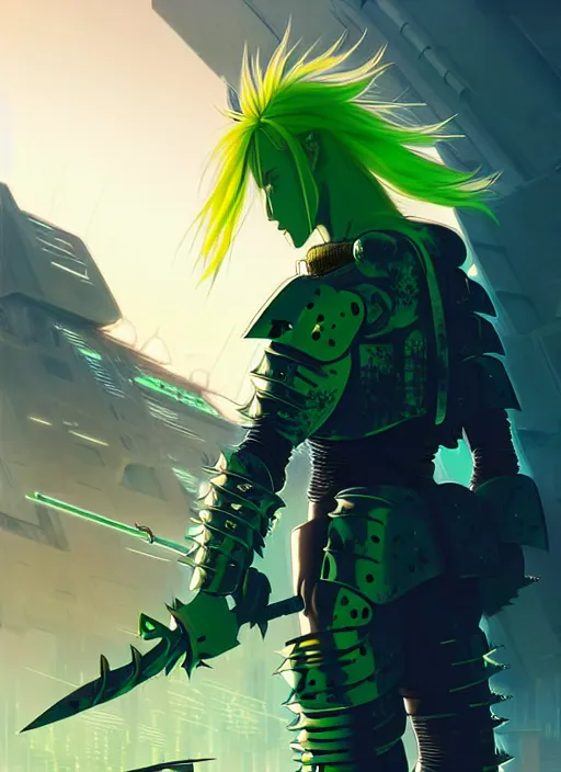 Prompt: a striking cinematic anime full body portrait of a male warrior with long blonde hair and blue eyes wearing evil green spiked cyberpunk armour and standing in the desolate burning ruins of a futuristic city by hirohiko araki and beeple, fine details, digital art, character concept art