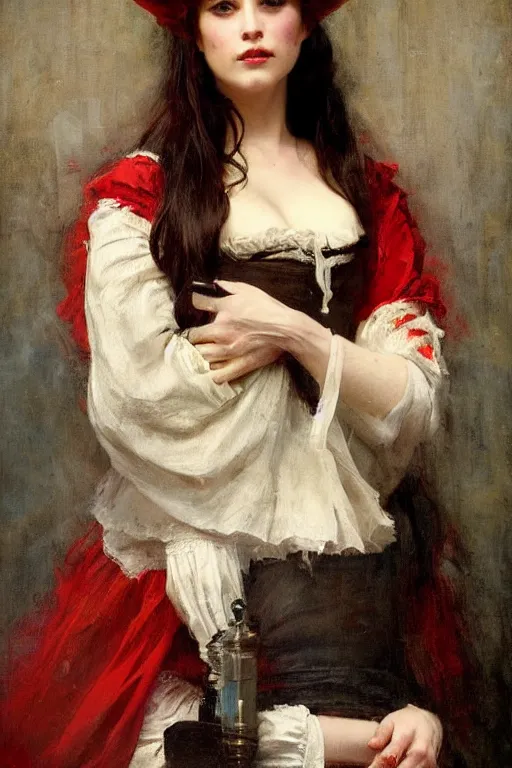 Image similar to Solomon Joseph Solomon and Richard Schmid and Jeremy Lipking victorian genre painting full length portrait painting of a young beautiful woman traditional german french actress model pirate wench in fantasy costume, red background