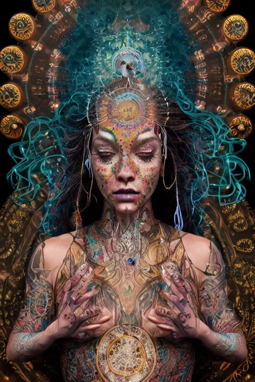 Image similar to a centered render of an mytical festival hippy with tribal tattoos wearing intricate metallic clothing surrounded by a underwater ink pour and flowing liquid gallium and sacred geometry, perfect body and face, gorgeous, cinematic, beautifully lit, by alberto seveso, by zack snyder, by donato giancola, 3 d, trending on artstation, octane render, 8 k