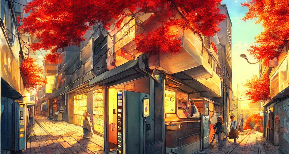 Prompt: beautiful anime painting of tokyo alleyway with vending machine, relaxing autumn day, sunset. trending on Artstation, 8k, masterpiece, sharp, fine detail, full of color, visually stunning, majestic