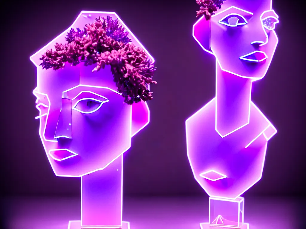 Image similar to beautiful mannequin sculpted out of amethyst by billelis + lit with purple 3 d geometric neon + chrome geometric cubed bonsai plants!!!!, doorway opening with neon pink geometric light, clean linework, dramatic, finely detailed, rule of thirds, moody, confident, award winning, 4 k, trending on artstation, photorealistic, volumetric lighting, octane render