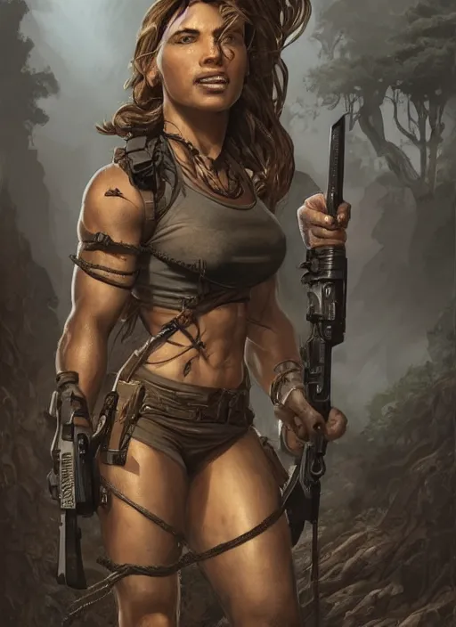 Image similar to muscled Lara Croft grinning as a ruggedly handsome heroine, intricate, elegant, highly detailed, centered, artstation, concept art, smooth, sharp focus, illustration, bokeh art by artgerm and donato giancola and Joseph Christian Leyendecker, WLOP