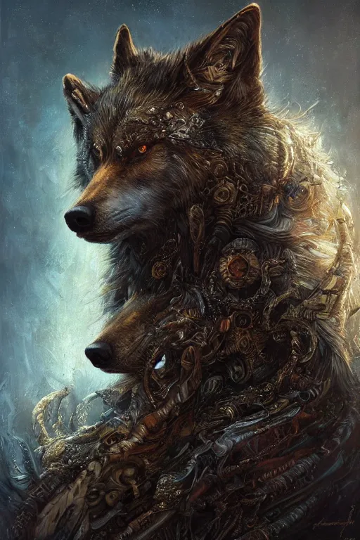 Prompt: very complex hyper-maximalist overdetailed cinematic darkfantasy portrait of a beautiful wolf by andrei riabovitchev, tomasz alen kopera, oleksandra shchaslyva. Omnious intricate, octane, Deviantart, hyper detailed illustration, 8k