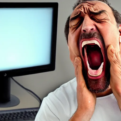 Image similar to an angry man yells at his computer monitor, in the style of the scream