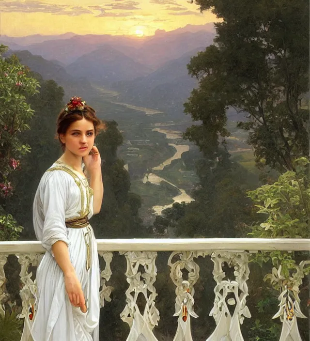 Prompt: intricate oil painting of a young alicia vikander with pointed ears wearing ornate white and light green dress with silver belt, looking out at sunrise over rivendell from her art nouveau balcony, elegant, digital painting, smooth, sharp focus, illustration, ultra realistic, 8 k, by bouguereau, alphonse mucha, artgerm, and donato giancola