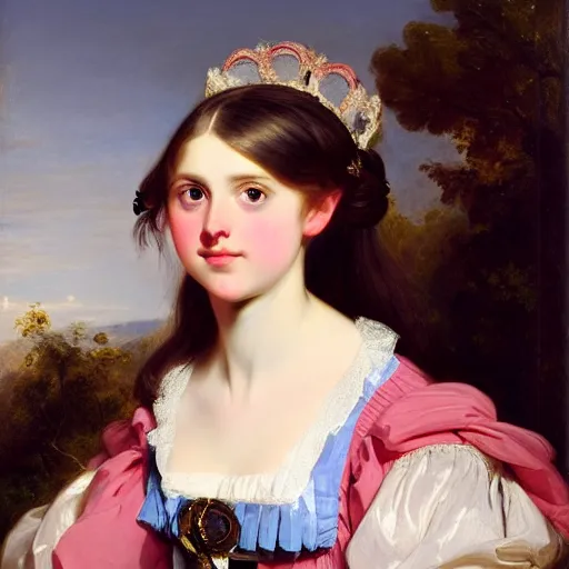 Image similar to portrait of a german teenage princess, circa 1 8 5 0 by franz xaver winterhalter, highly detailed, beautiful, oil on canvas, 1 8 5 0 s, romanticism