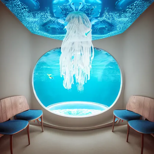 Prompt: the realistic photo of the modern room as aquarium with a chandelier as a big jellyfish, beautiful corals on the walls and sharks in the big panoramic window, under the ocean, realistic colors, realistic shadows, daylight made in blender, hd, 3 d by beeple and damian hirst