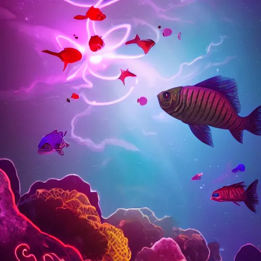 Prompt: fish swimming around, clouds, nebulae, starburst, neon colors, dreamy, phone wallpaper, 4 k, unreal engine, artstation, colorful, beautiful