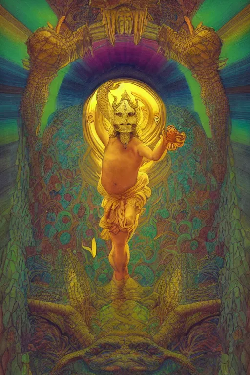 Image similar to beautiful crocodile headed god by maxfield parrish, mandala, coherent design, vivid colors, digital watercolor ink illustration painting, complementary color, golden ratio, detailed, sharp lines, sharp focus, intricate, rainbowshift, artgerm, gustave dore, alphonse mucha, octane render