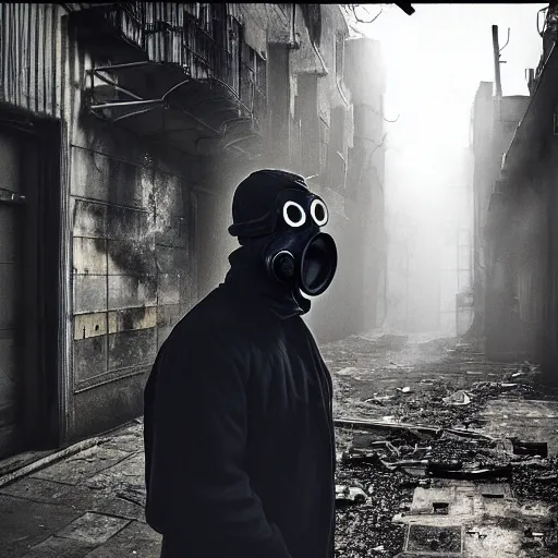 Image similar to A misterious man wearing a gas mask using a flashlight is standing on the midle of a stair alley looking in the direction of the camera :: outside, blue sky visible :: Ruined city with vegetation and trees growing all over the place in the distroyed buildings :: apocalyptic, shadowy, disolate :: A long shot, low angle, dramatic backlighting, simetric photography, night time, slighty colorful :: cinematic shot, very detailed