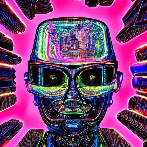 Image similar to black tshirt with a hyperdetailed portrait of a meditating diesel punk robot, 8 k, symetrical, flourescent colors, halluzinogenic, multicolored,