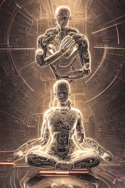 Image similar to Meditating cyborg with many cybernetic implants and wiring, sitting in a lotus pose, slightly smiling, techno-optimism, utopia, sci-fi, hyperrealist, centered, wide angle shot, shart focus, detailed, intricate, 4k UHD, creative lighting, digital painting by Greg Rutkowski, face by artgerm, digital art, trending on artstation, top post of all time on /r/transhumanism subreddit