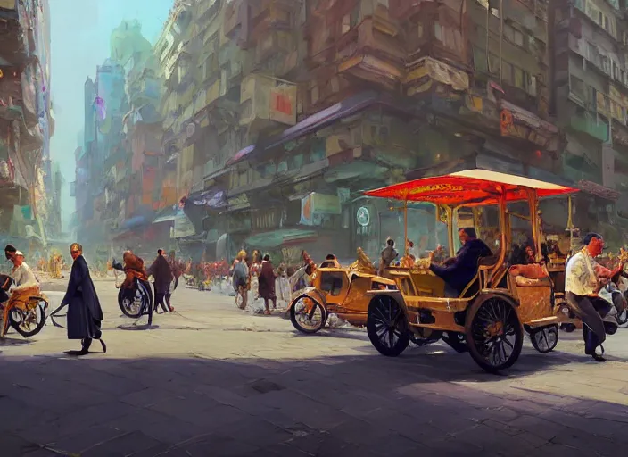 Prompt: an oligarch riding rickshaw-wagon being pulled by crowd of tired poor people in a Mandelbrot fractal modern city by Craig Mullins, ilya kuvshinov, krenz cushart, artgerm trending on artstation by Edward Hopper and Dan Mumford and WLOP and Rutkovsky, Unreal Engine 5, Lumen, Nanite