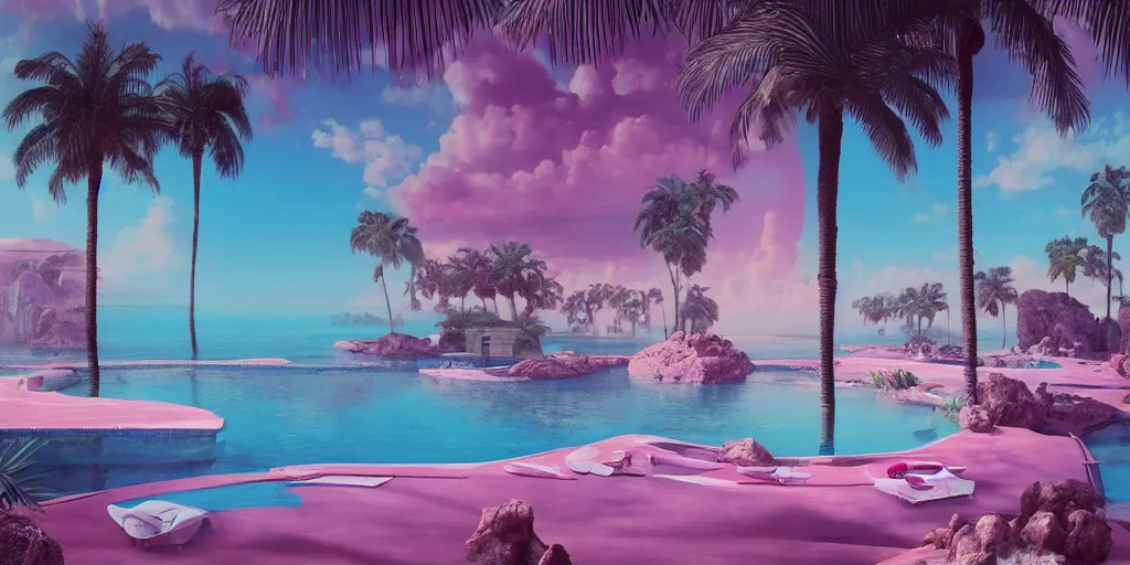 Prompt: Beeple masterpiece, hyperrealistic surrealism, award winning masterpiece with incredible details, epic stunning, infinity pool, a surreal vaporwave liminal space, highly detailed, trending on ArtStation, calming, meditative, pink arches, palm trees, vaporwave, surreal, sharp details, dreamscape, giant gold head statue ruins, crystal clear water, sunrise