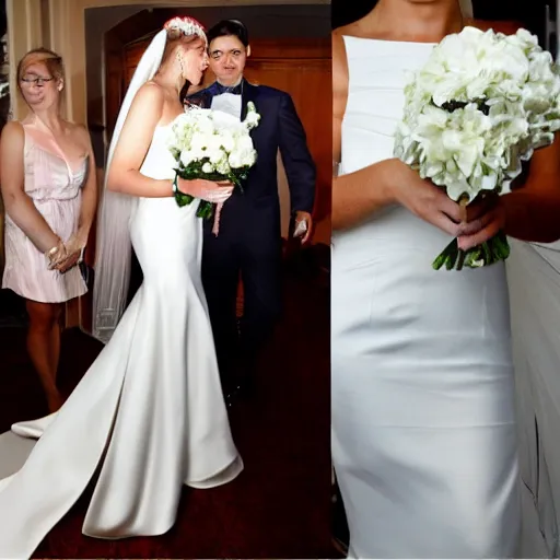 Prompt: ben shapiro wearing a white wedding gown, hd candid photography