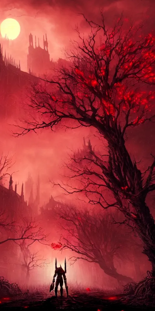 Image similar to abandoned bloodborne old valley with a person at the centre and a ruined gothic city at the end of the valley, trees and stars in the background, falling red petals, epic red - orange moonlight, perfect lightning, wallpaper illustration by niko delort and kentaro miura, 4 k, ultra realistic