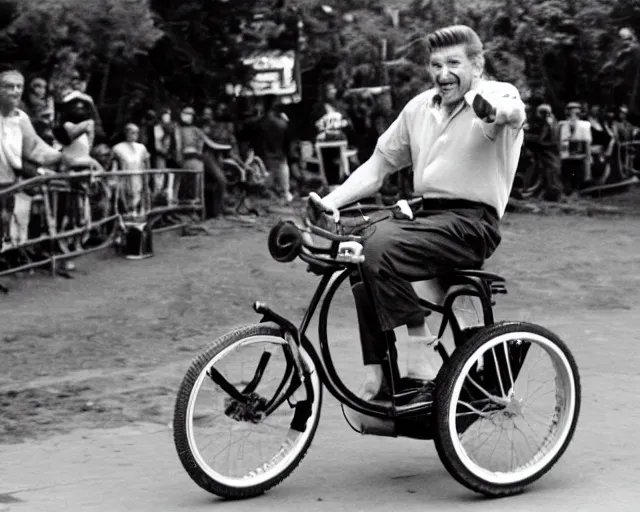 Image similar to 3 5 mm photograph of vince mcmahon pulling a wheelie on a monkey bike