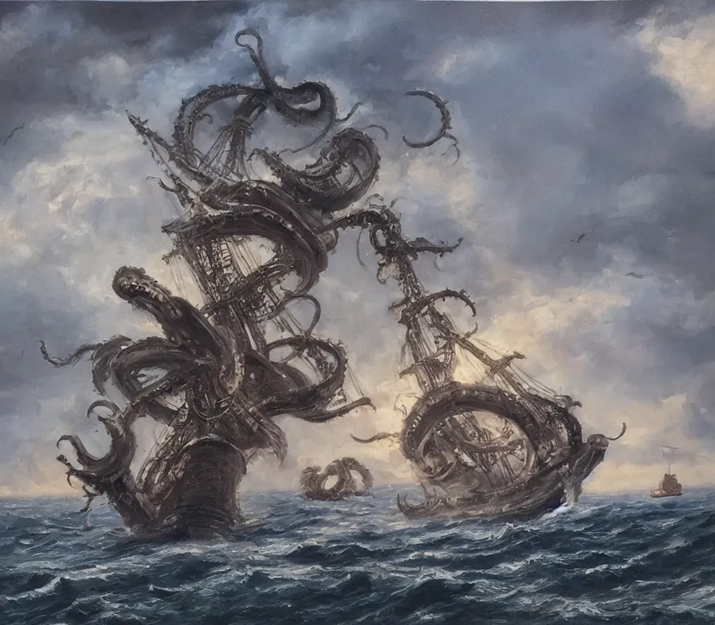 Image similar to oil painting of a kraken attacking a pirate ship