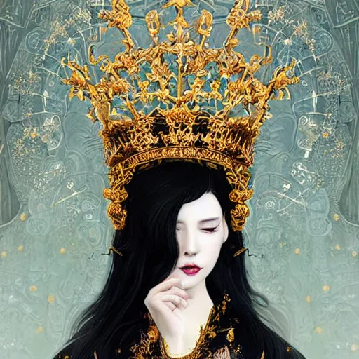 Image similar to a beautiful black haired woman with pale skin and a crown on her head sitted on an intricate metal throne, flower decoration on the background, beautiful illustration, atmosphere, top lighting, perfect composition, smooth, highly detailed, art by so - bin and yuhong ding and chengwei pan,