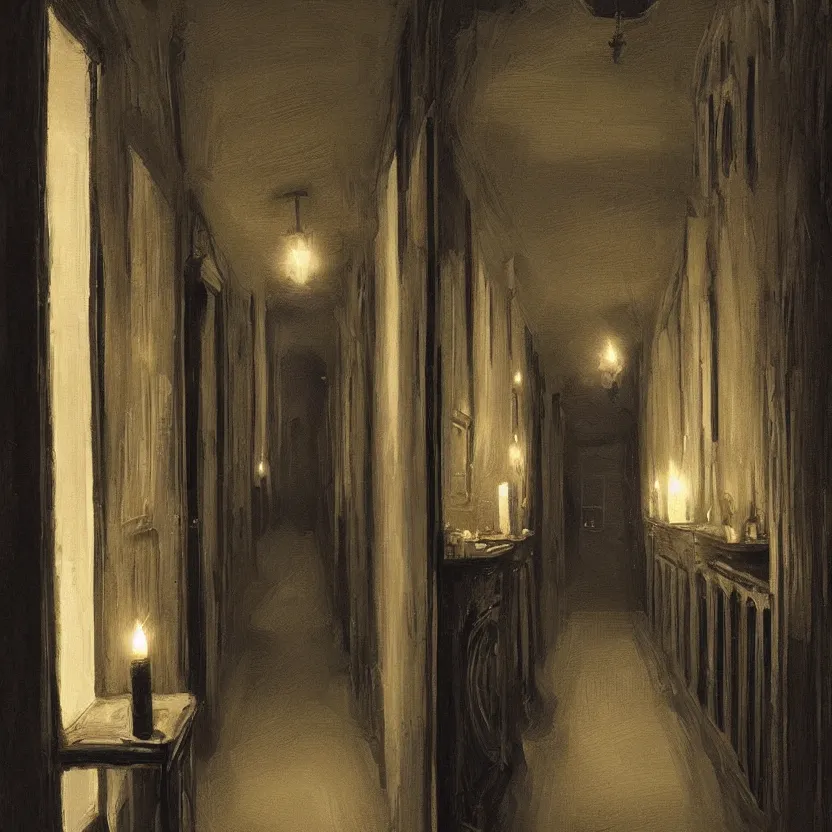 Image similar to dark creepy victorian corridor with bookshelves everywhere and two candles, by Stefan Koidl. artstation, blue lighting.