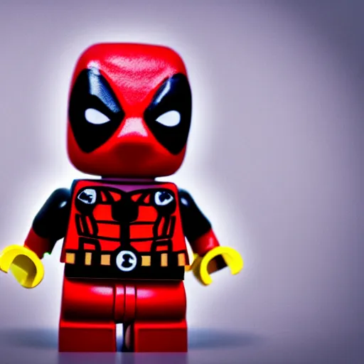 Image similar to deadpool as lego character, bokeh, photo, hyperrealistic, detailed textures and soft studio lighting, striking a cinematic pose, lego background, duplo, lego movie, octane render, 8 k soft shadows, sharp focus, extreme detail, hyper realistic, award winning photo