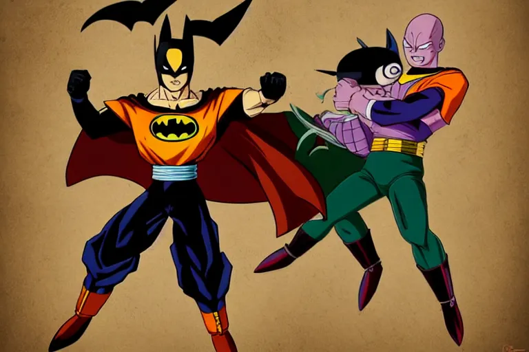 Prompt: 6 0 s batman cartoon character lost in dragon ball z, about to fight piccolo created by leesha hannigan, ross tran