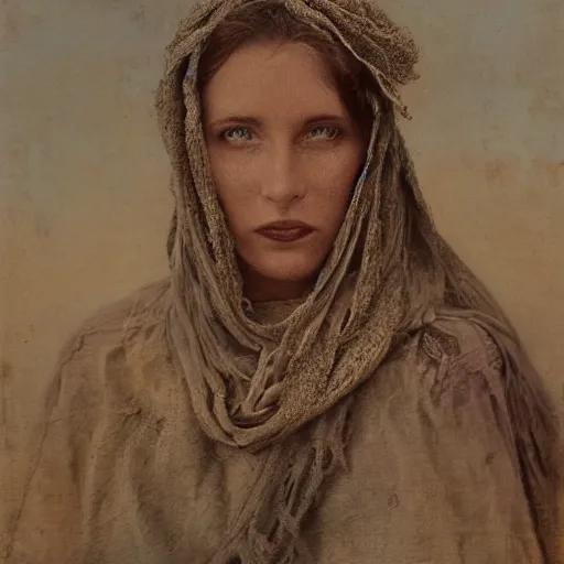 Image similar to a detailed portrait of a beautiful vagabond woman in dessert rags, striking features