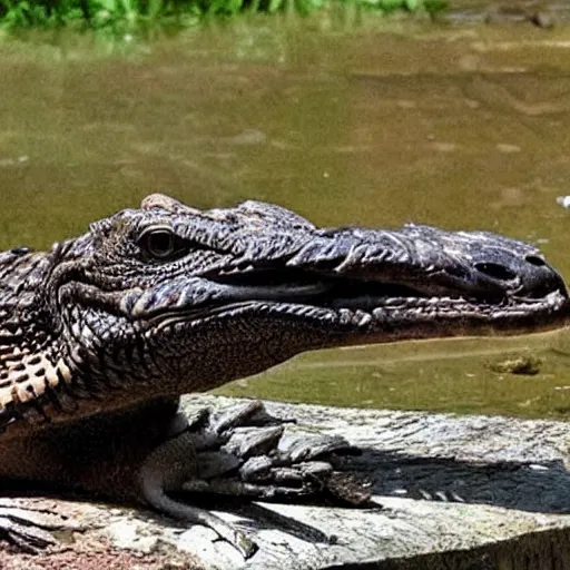 Image similar to hawk and crocodile morphed together, half crocodile, half hawk, real picture taken in zoo