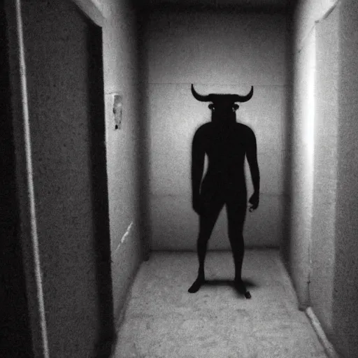 Image similar to hi - 8 night vision camera found - footage of a barely visible, bipedal minotaur, shrouded in darkness at the end of an extremely dark, unlit hallway in a basement of an abandoned house