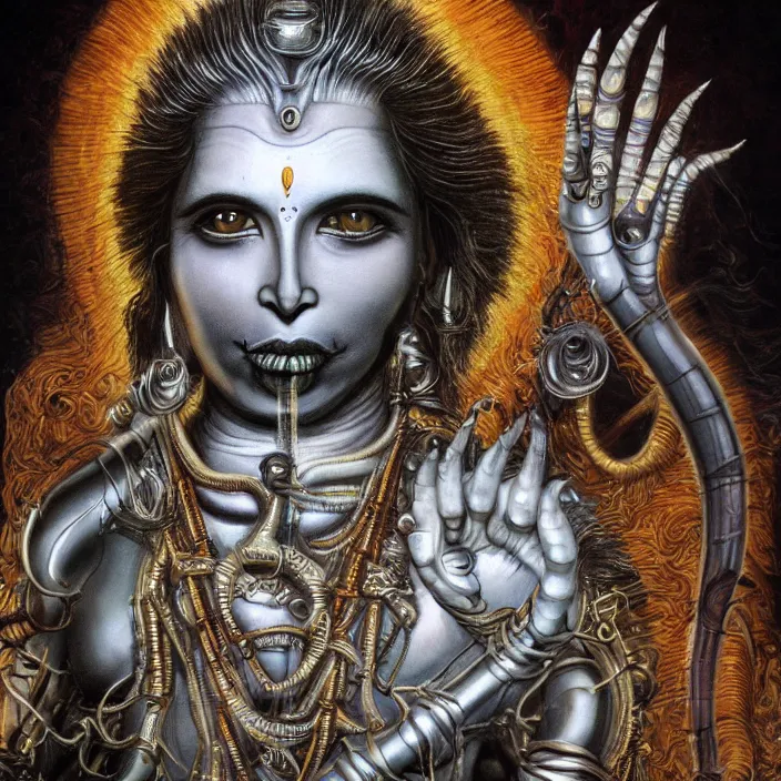 Prompt: shiva, photorealism by h. r. giger, tim burton, full colour spectrum, iridescent specular highlights, white biomechanical, gold, bronze, copper, chrome, titanium, by h. r. giger, tim burton supersampled, 8 k, beautify