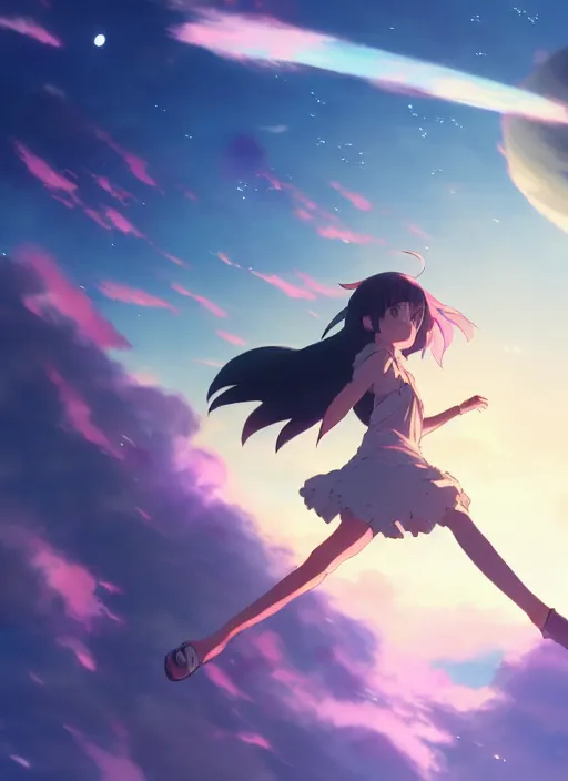 Image similar to anime girl flying in the sky against the backdrop of dawn, saturn in the background, illustration, concept art, anime, key visual, trending pixiv fanbox by wlop and greg rutkowski and makoto shinkai and studio ghibli