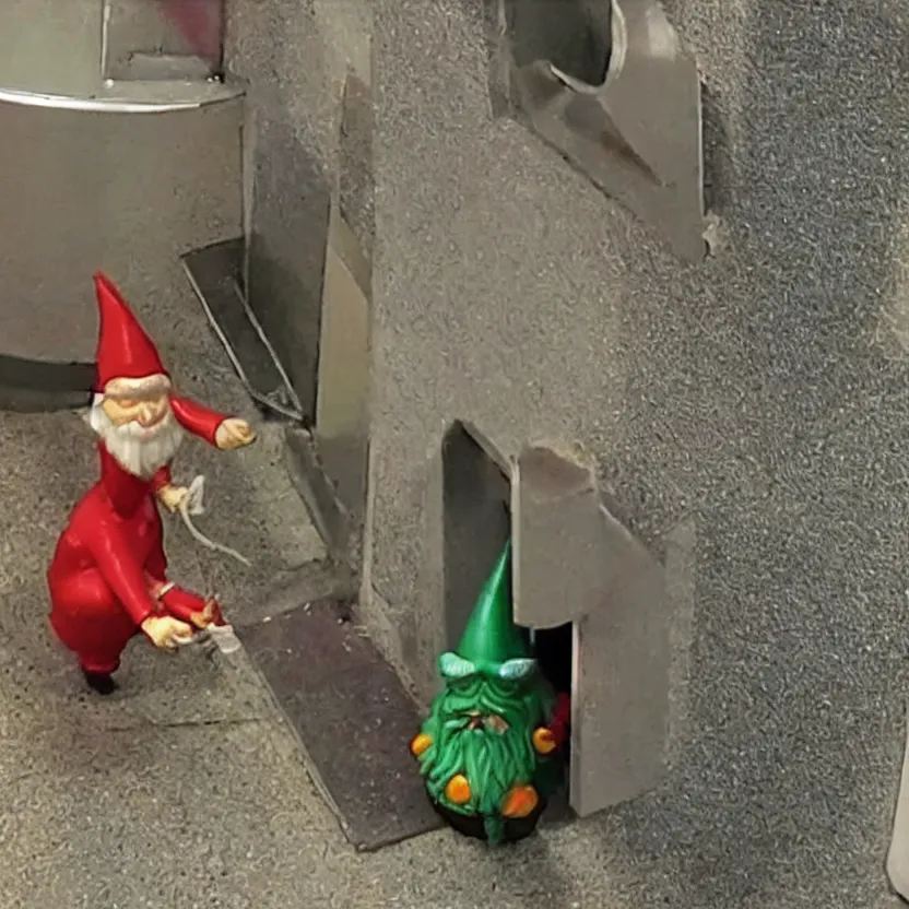 Image similar to cctv footage of a live gnome stealing a socket